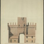 Virginio Vespignani, Vista interna della Porta Pia colpita da un fulmine il 14 novembre 1851, Disegno a matita e inchiostro con acquarello su carta, École Française de Rome